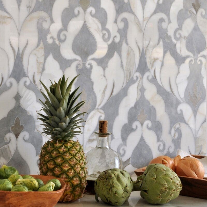 Afyon Grey, Afyon White, Palisandra Multi Finish Rumi Marble Mosaic 13 9/16×18 (YNR10037)