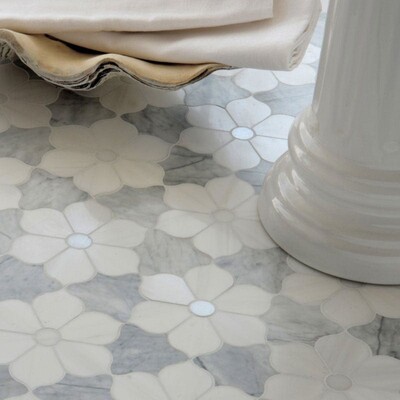 floral patterned mosaic tile installed floor
