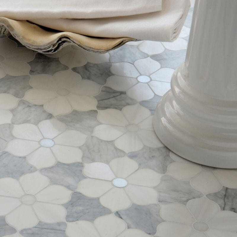 Theodora Afyon White, Avenza Dark, Dolomite Multi Finish Marble Waterjet Decos 12 1/8×14 (YNR10043)
