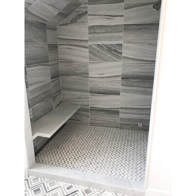 Yildiz Dolomite, Skyline Vein Cut Multi Finish Marble Waterjet Decos 8 13/16×11 (YNR10045) Skyline, Snow White Honed Monte Marble Mosaic 12 3/8×12 3/8 (MS01534) Skyline Polished Marble Tile 12×24 (TL14053)