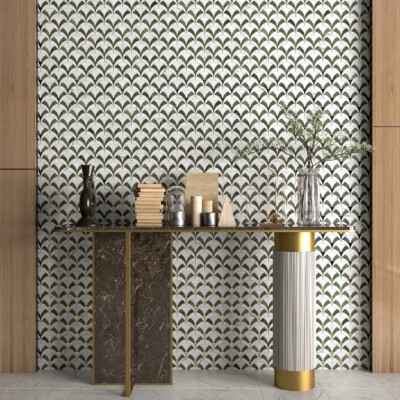 Brass, Verde Tia, White Carrara Honed Sensu Marble Mosaic 3 5/8×3 7/8 (YNR10178) Room Scene Image