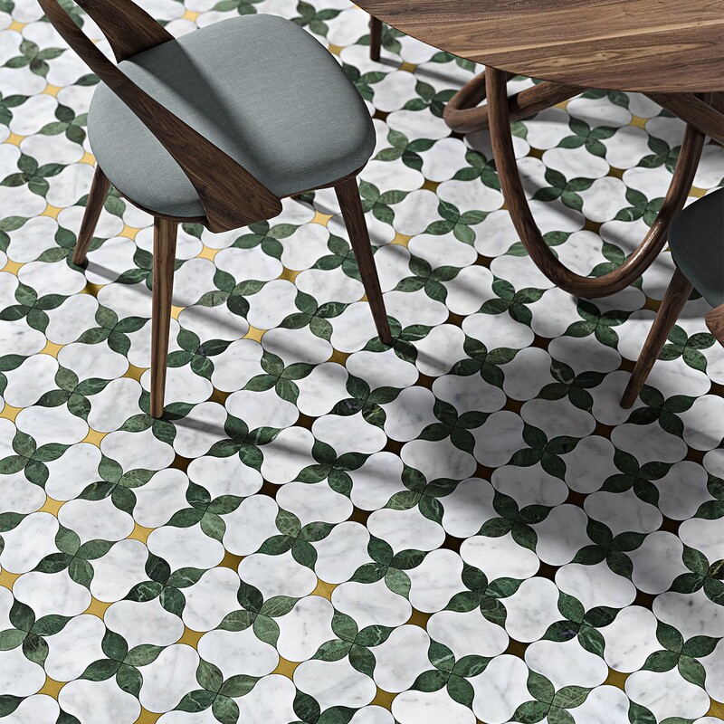 Brass, Verde Tia, White Carrara Honed Lily Marble Mosaic 9 7/16×9 7/16 (YNR10179)