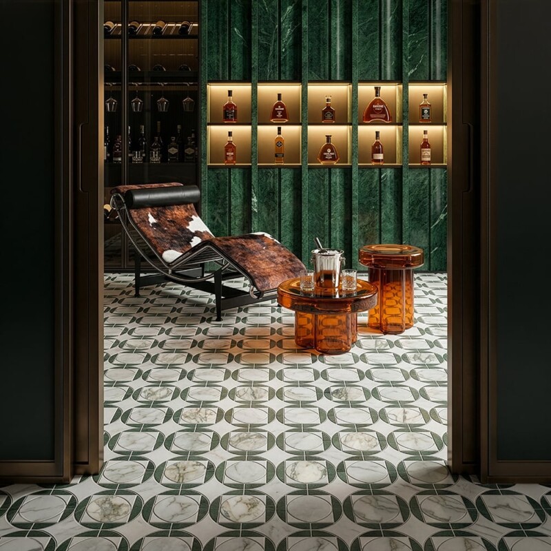 Calacatta Green, Snow White, Verde Tia Honed Aloha Marble Mosaics 10 11/16×10 11/16 (YNR10181)