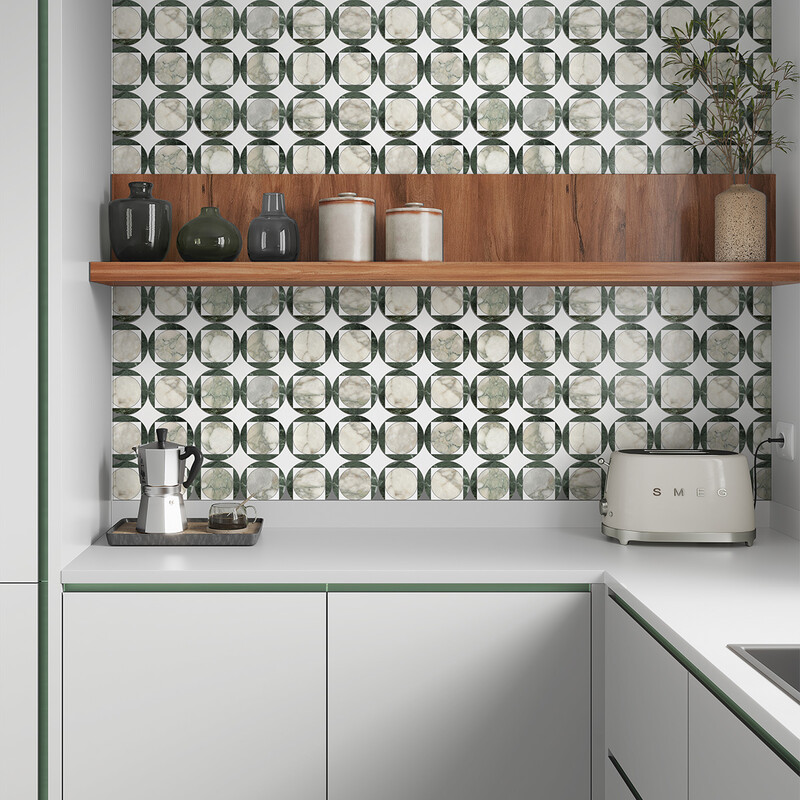 Verde Shana, Snow White, Calacatta Green Honed Aloha Marble Mosaic 10 11/16×10 11/16 (YNR10181)