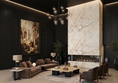 Изображение сцены в помещении: Полированная кварцитовая плита Cristallo Luminescence Select, случайный рисунок (SL91417).