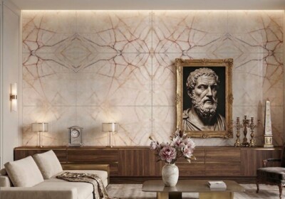 Изображение сцены в помещении: Полированная кварцитовая плита Cristallo Luminescence Select, случайный рисунок (SL91417).