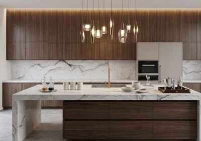 Полированная кварцитовая плита Le Blanc, случайный рисунок (SL91442), изображение сцены в помещении.