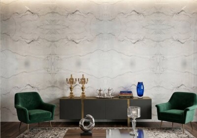 Полированная кварцитовая плита Le Blanc, случайный рисунок (SL91442), изображение сцены в помещении.