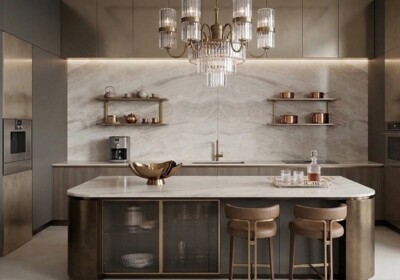 Изображение сцены из комнаты: Полированная кварцитовая плита Taj Mahal Supreme (SL91443)