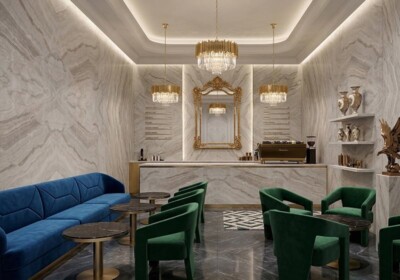 Плита из кварцита Taj Mahal Supreme Leather, случайный размер (SL91444), изображение сцены в комнате.