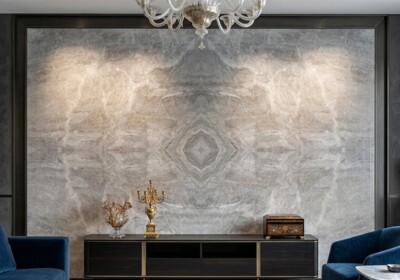 Изображение сцены из комнаты: шлифованная кварцитовая плита Perla Venato (SL91445)