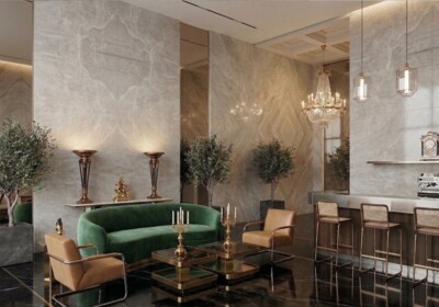 Изображение сцены из комнаты: шлифованная кварцитовая плита Perla Venato (SL91445)