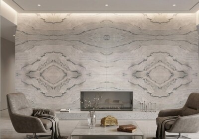 Изображение сцены в помещении: Полированная кварцитовая плита Macaubas Select, случайный размер (SL91451).