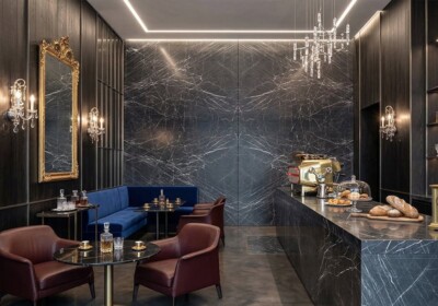 Изображение сцены из комнаты: шлифованная кварцитовая плита Venom (SL91452)