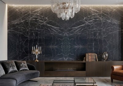 Изображение сцены из комнаты: шлифованная кварцитовая плита Venom (SL91452)