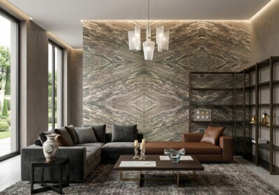 Плита из полированного кварцита Fusion Green, случайный рисунок (SL91454), изображение сцены в помещении