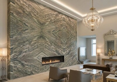 Плита из полированного кварцита Fusion Green, случайный рисунок (SL91454), изображение сцены в помещении