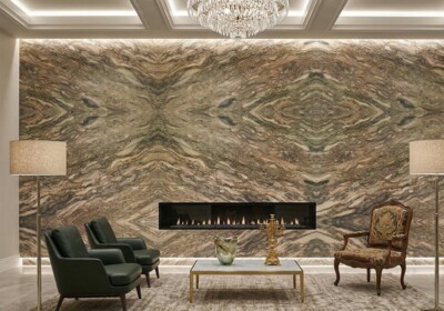 Плита из полированного кварцита Fusion Green, случайный рисунок (SL91454), изображение сцены в помещении