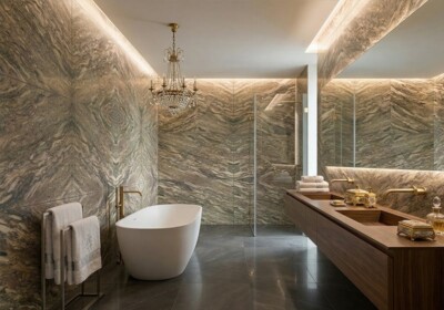 Плита из полированного кварцита Fusion Green, случайный рисунок (SL91454), изображение сцены в помещении