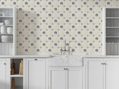 white and blue ceramic backsplash tiles