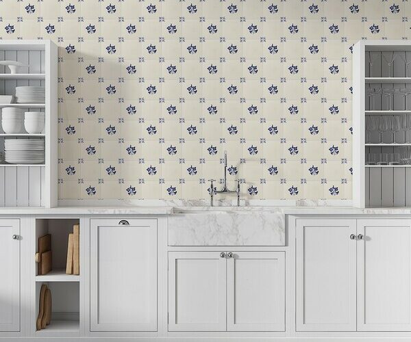 white and blue ceramic backsplash tiles