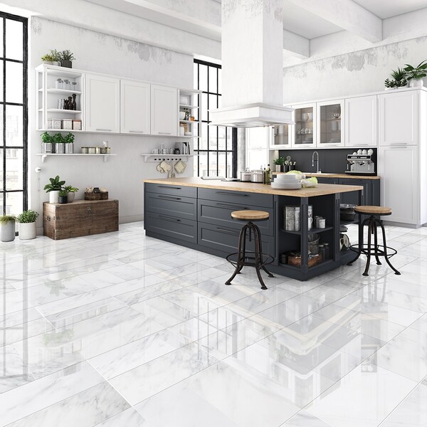 white marble kitchen floor tile