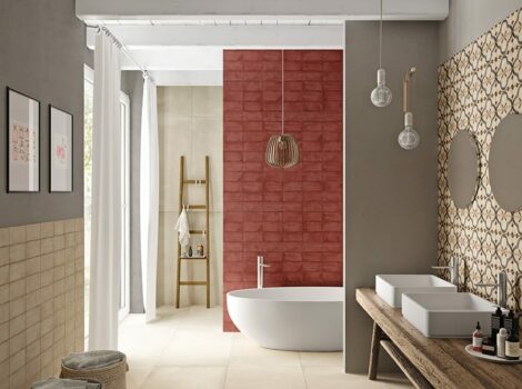 beige marble floor tiles and red ceramic wall tiles