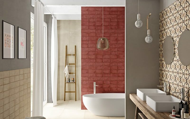 beige marble floor tiles and red ceramic wall tiles