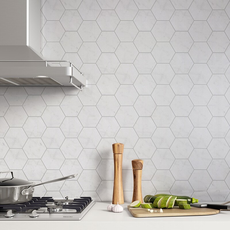 white marble hexagon kitchen backsplash tile