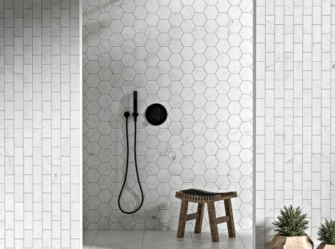 white marble hexagon bathroom wall