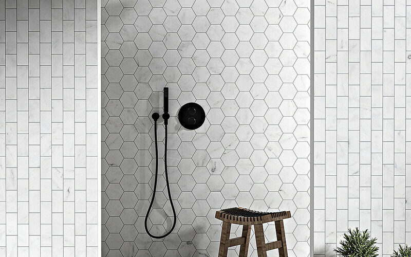 white marble hexagon bathroom wall