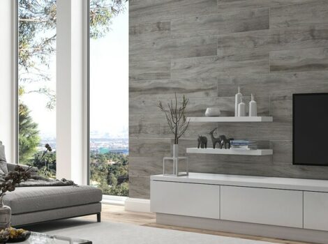 grey wood look porcelain living room wall