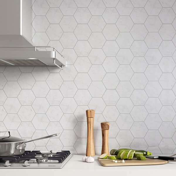 white hexagon marble kitchen backsplash