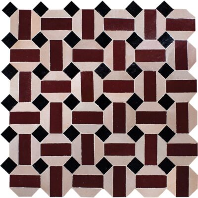 Zellige Ceramic mosaic collection, the Ahmed pattern in deep red with black and white.