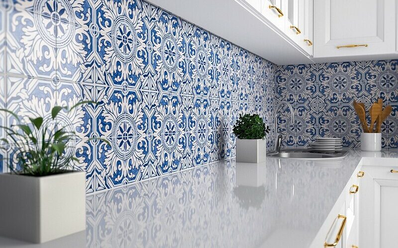 blue ceramic kitchen backsplash tile