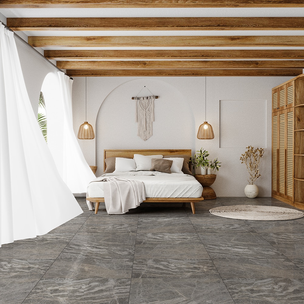 Gray marble tile flooring in rustic bedroom