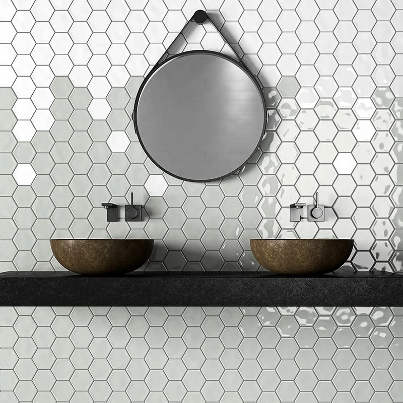 Gray and white hexagon glossy ceramic tile bathroom wall vanity backsplash 