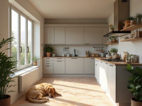 floor terracotta tiles with light kitchen design