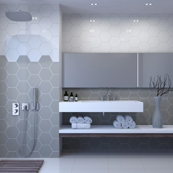 gray and white hexagon ceramic bathroom tiles