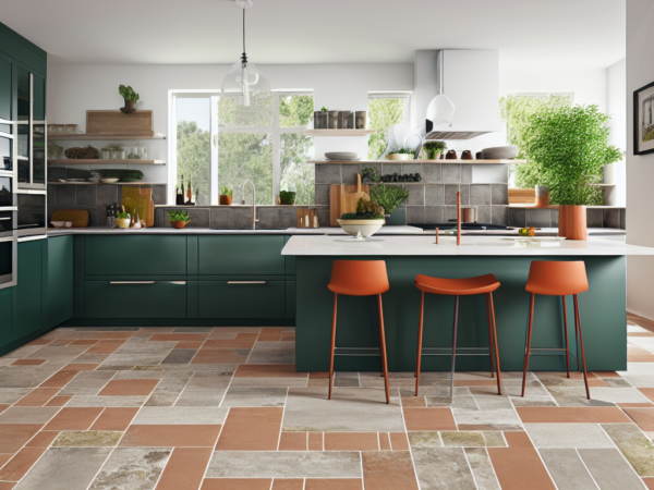 Modern design kitchen with terracotta flooring tiles