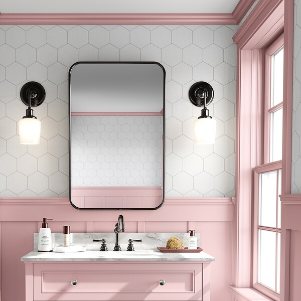 white hexagon ceramic tile and pink bathroom tile