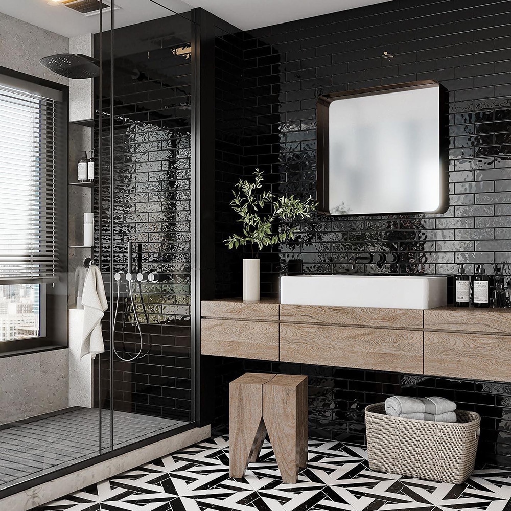 black tile bathroom