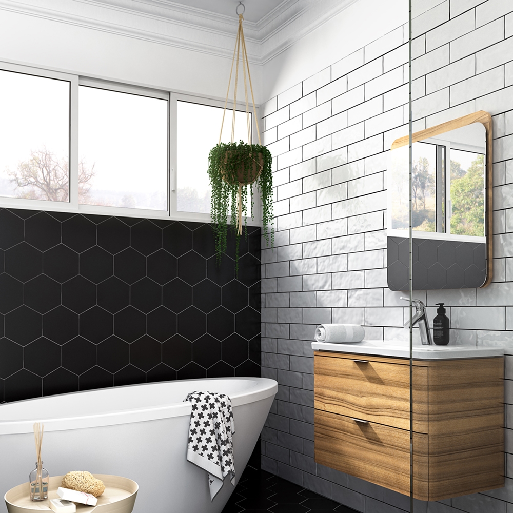 black hexagon tile bathroom