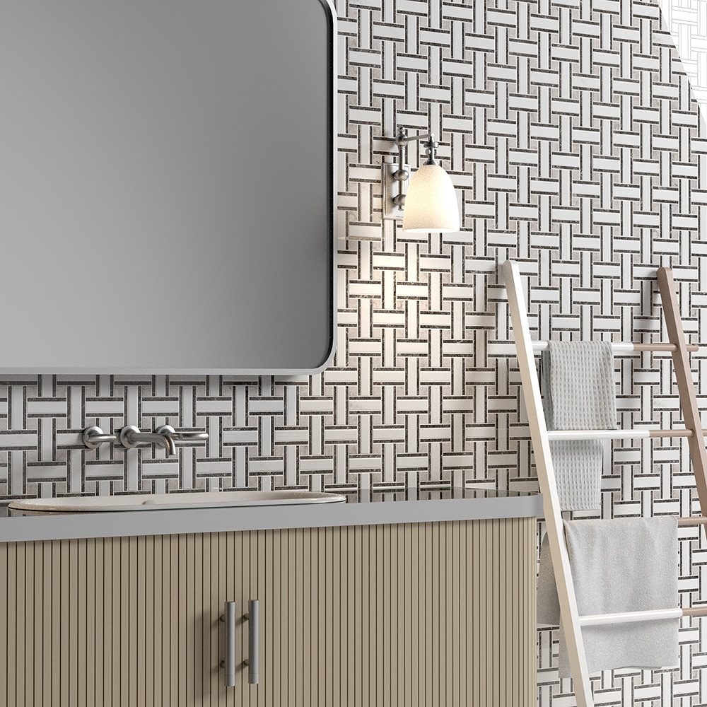 White basket weave bathroom wall tile with vanity