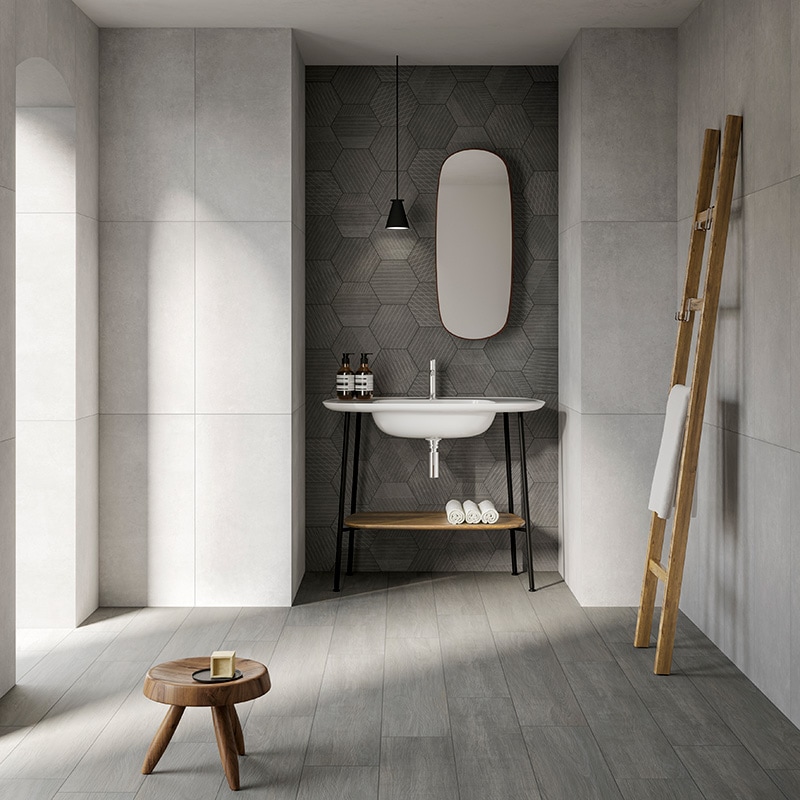 Gray porcelain tile with bathroom vanity