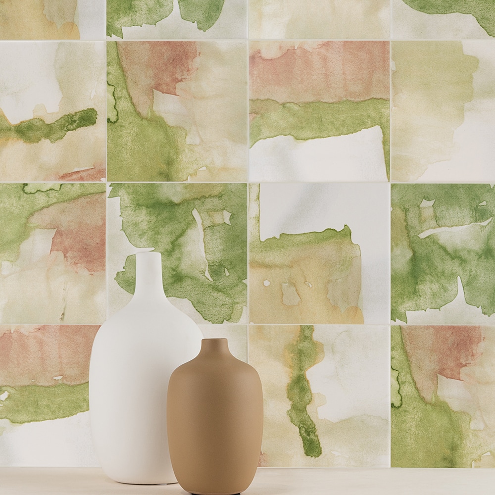 Green and brown patterned ceramic tile walls