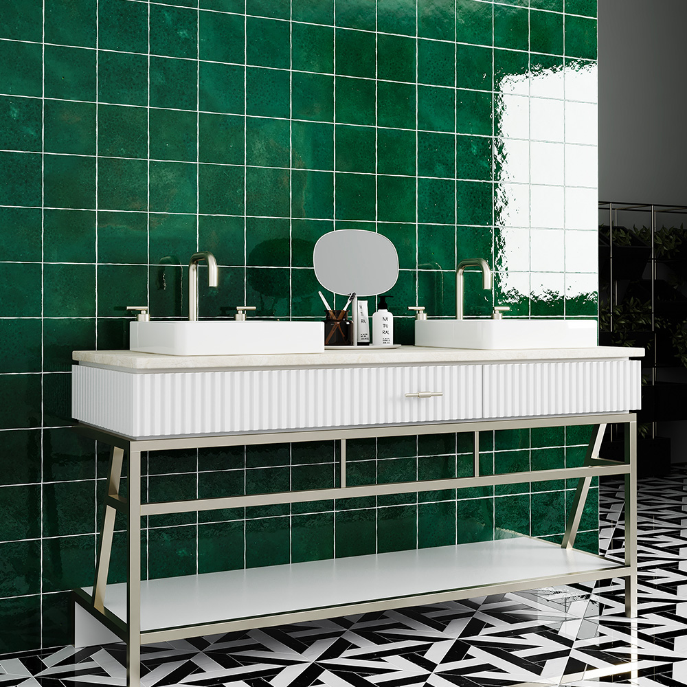 Green zellige tiles with bathroom vanity