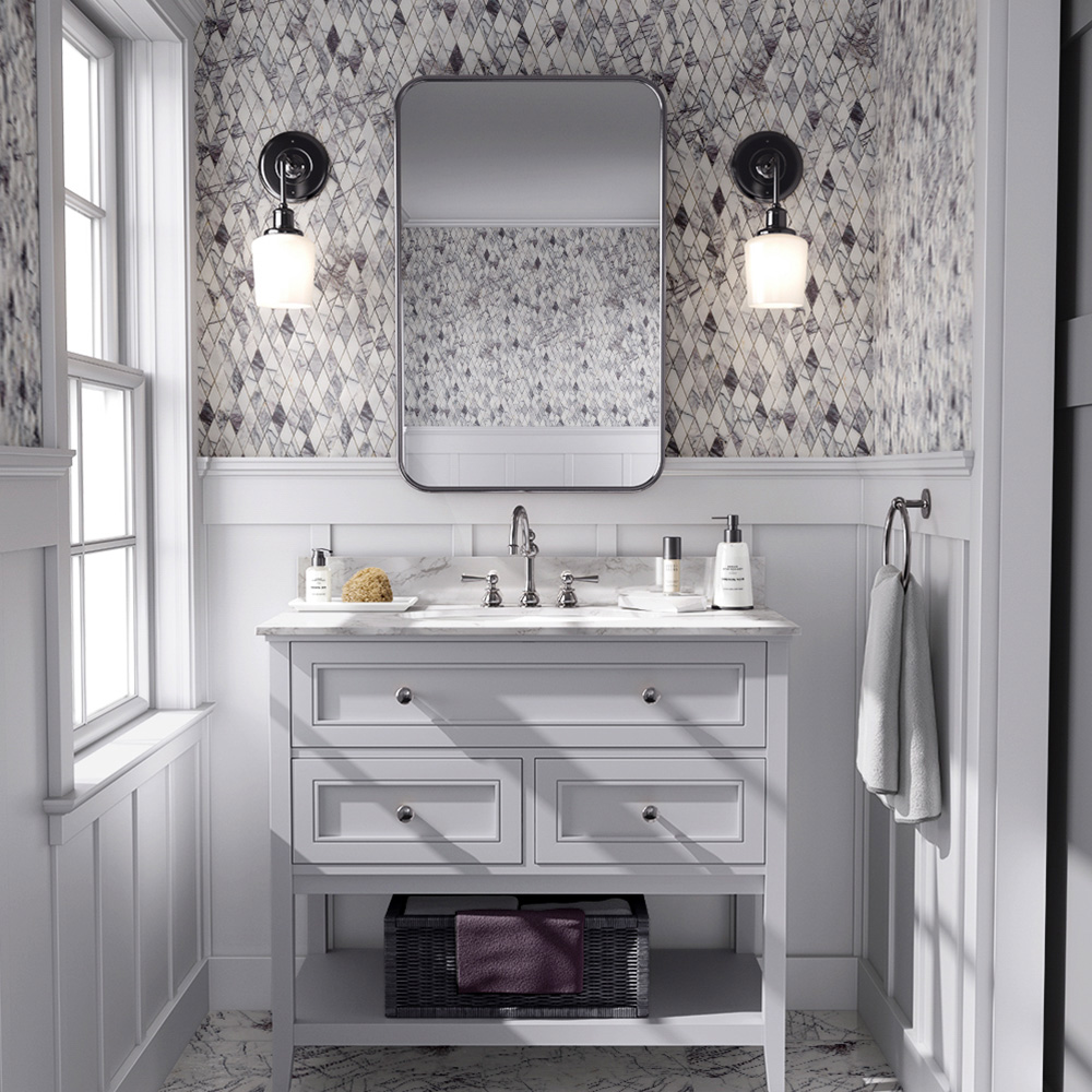 Lilac marble bathroom tile and bathroom vanity