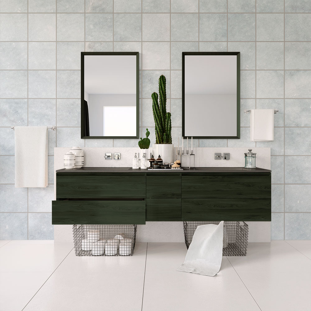 Green bathroom vanity with tiles