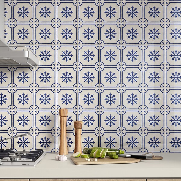 white and blue ceramic backsplash tile